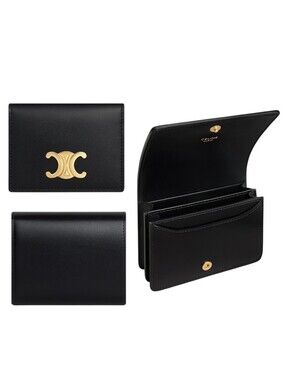 Authentic Celine Shiny Calfskin Triomphe Compact Wallet Black